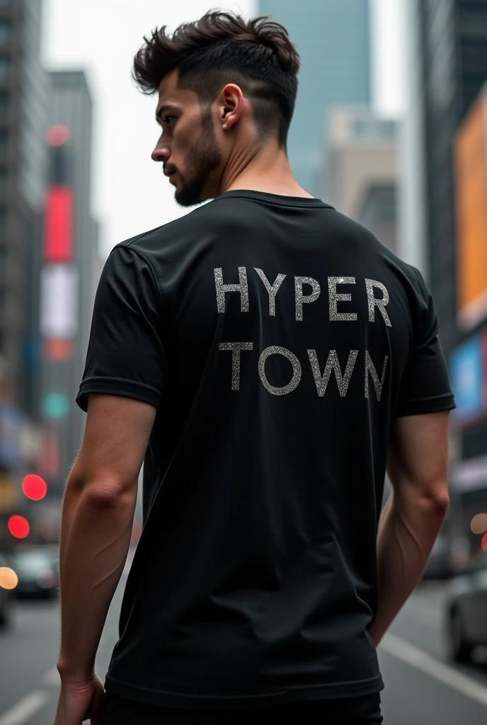 Black shirt with the words Hyper Town written on it in black.