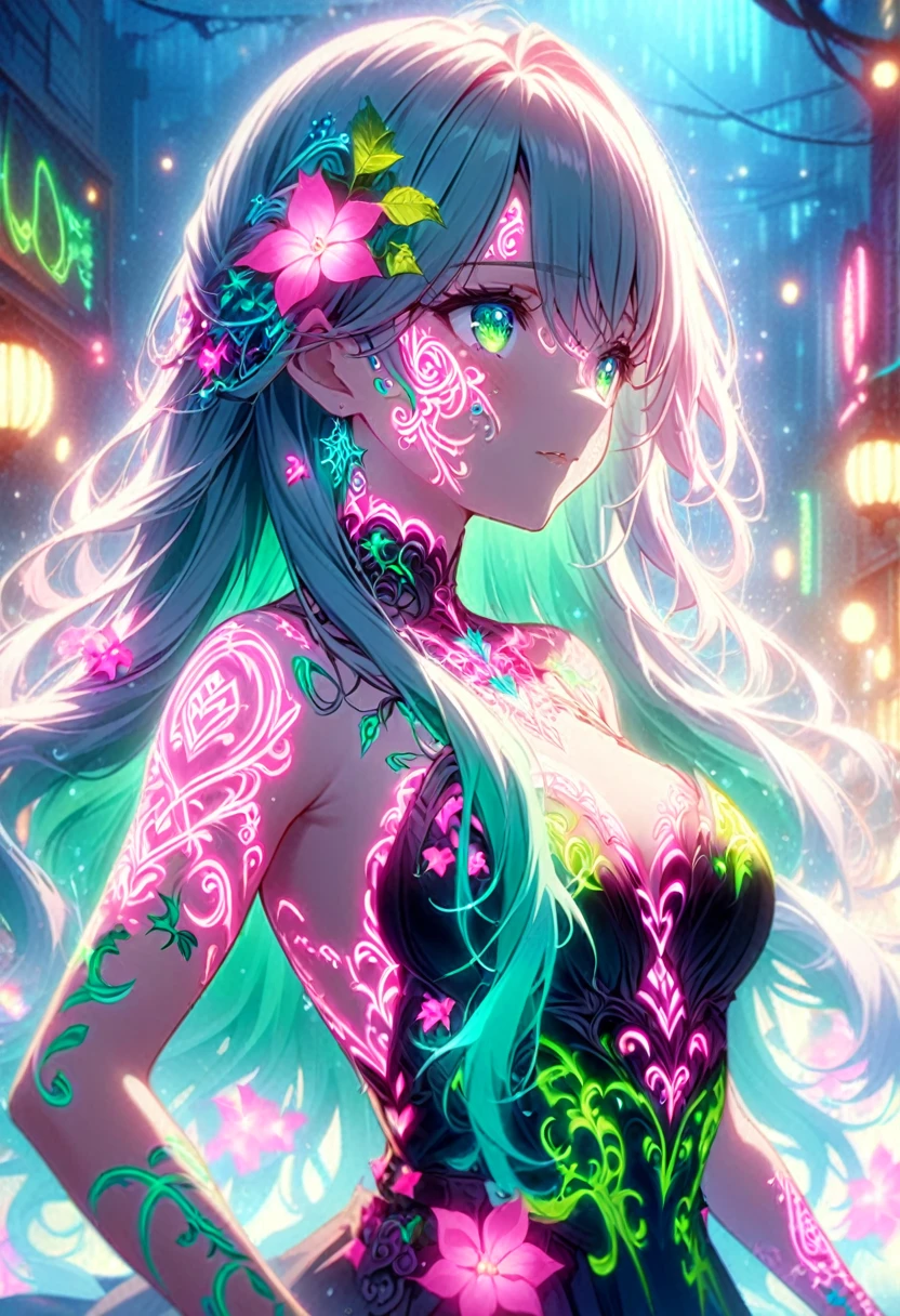 Anime Screenshots、 Artistic anime illustration of a woman adorned with glowing neon flower and ivy tattoos on her face。 The tattoo on her arm is a mix of pink and green.、It emits a neon light。 She has long, flowing hair.、、 This scene has a dreamy soft focus effect.、 It emphasizes the dreamy glow of the tattoo.、Back of hand,