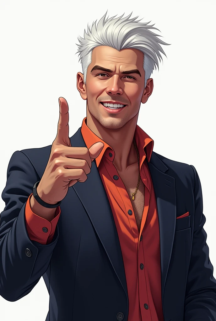 Create an image of a white haired man smiling and making cool gesture with his finger 