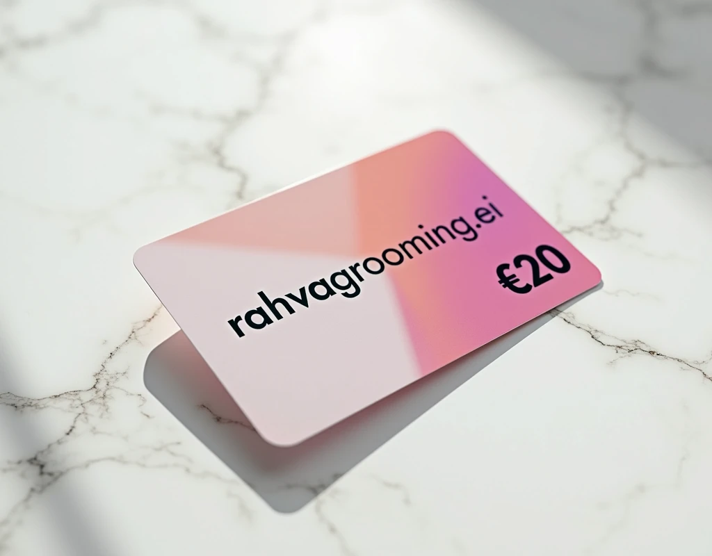 a high quality photograph, a grooming salon gift card lying on a white table, top view, plastic card with bright design and text: "Rahvagrooming.ee", "€20". detailed, photorealistic, 8k, high resolution, professional studio lighting, vibrant colors, smooth textures, sharp focus, intricate details, elegant design, minimalist style, soft shadows, natural reflections, clean and organized composition