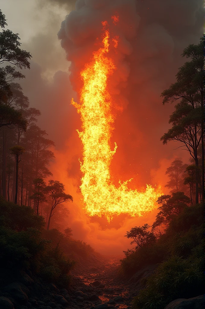 Image of a dense forest on fire in the shape of the letter L