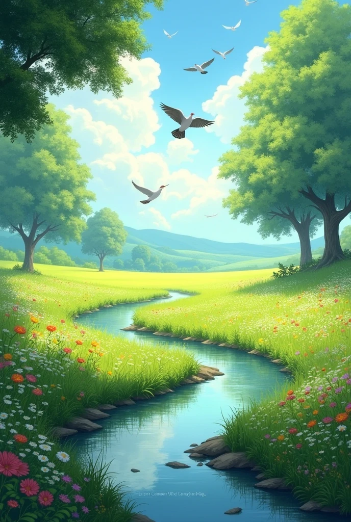 Field with river and birds, and trees around 
