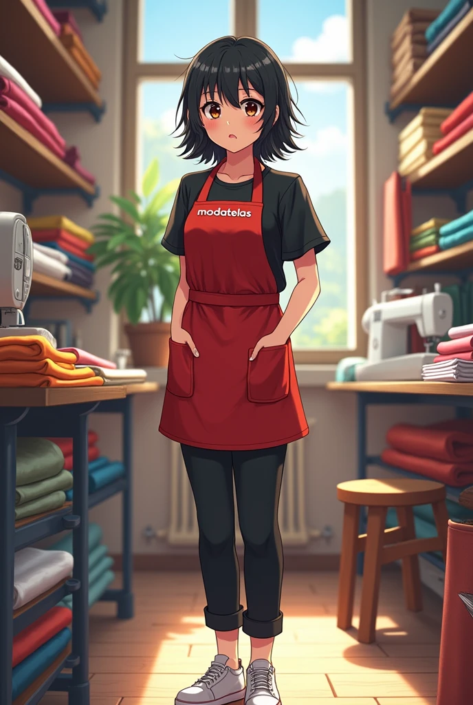 "An anime-style girl around 20 years old with a medium build, not too thin and not overweight. She has long, slightly messy black hair and brown eyes with visible dark circles. She is wearing a black shirt, black pants, white sneakers, and a red apron with the word 'Modatelas' written in the corner. The background is set in a fabric store, with rolls of fabric and various textile items surrounding her."