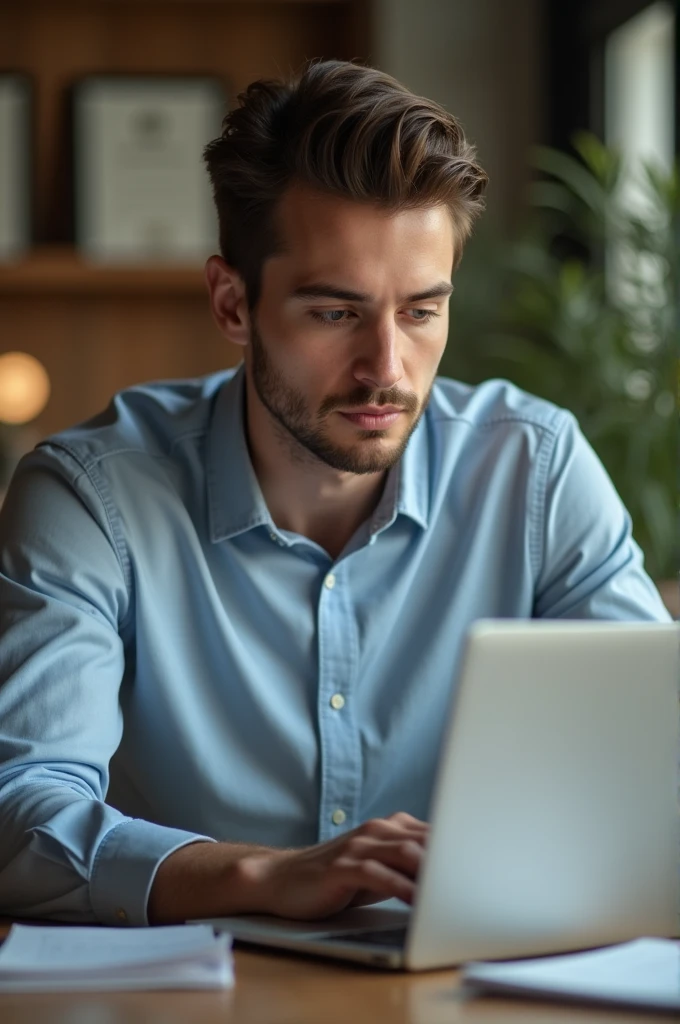 Take a picture of a young man on a laptop preparing for an online interview 