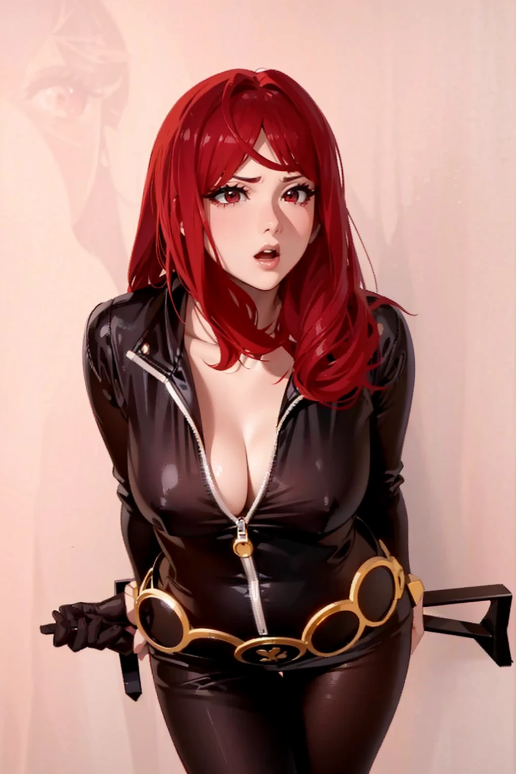 The image depicts a girl with bright red hair dressed in a black outfit. Her attire includes a sleek skin-tight shiny black latex bodysuit with a deep-cut zipper neckline revealing a large chest, the silver zipper running down the front. The suit is complemented by her golden wrist guard on both wrists and a belt of golden circles around her waist. The woman is equipped with accessories that convey a sense of preparedness for combat, notably. She is holding a long rifle gun behind her back with both hands. Her fair complexion and well-toned body contribute to the faithful representation of the character she is emulating. She has a cute smile on her face. She appears confident, embodying the characteristics of the skilled and self-reliant superheroine she is portraying. 