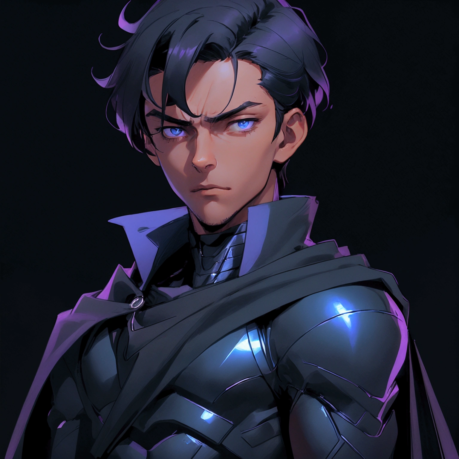 envision a 8k, highres, cinematic close up portrait of an Short man with a strong face, sleek skinny body, clean shaved, with short slick black hair, and dark blue eyes wearing a black superhero suit with purple lights and metallic attachments and a long cape that is in the shape of the moon against a dark gray background