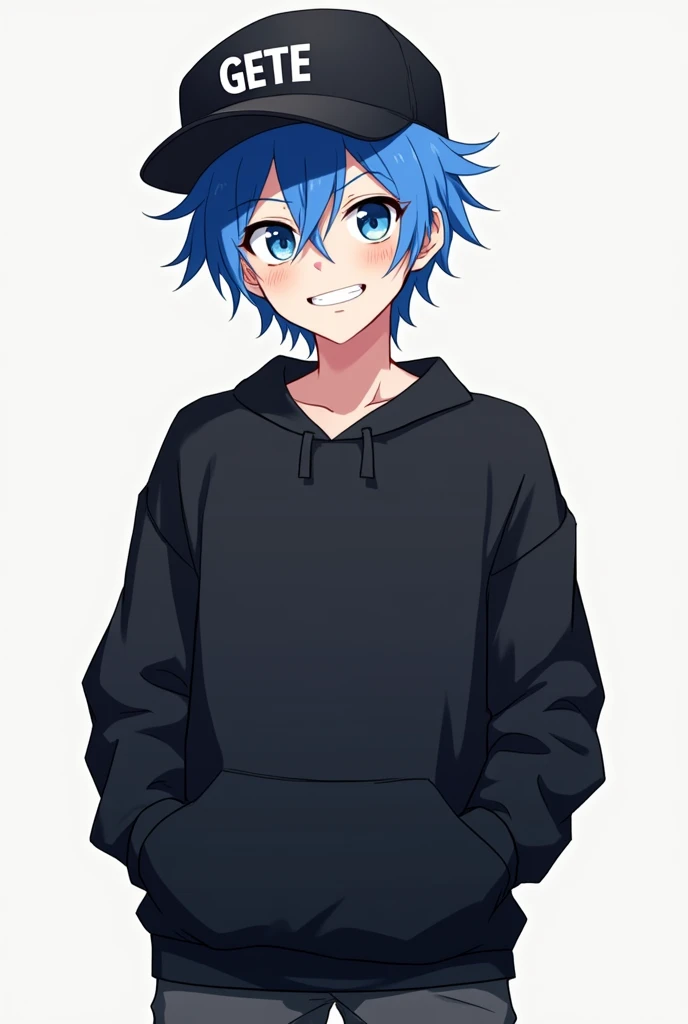 Create a male anime style character with blue hair wearing a cap with the writing GETE and wearing black clothes with his hands in his hands laughing