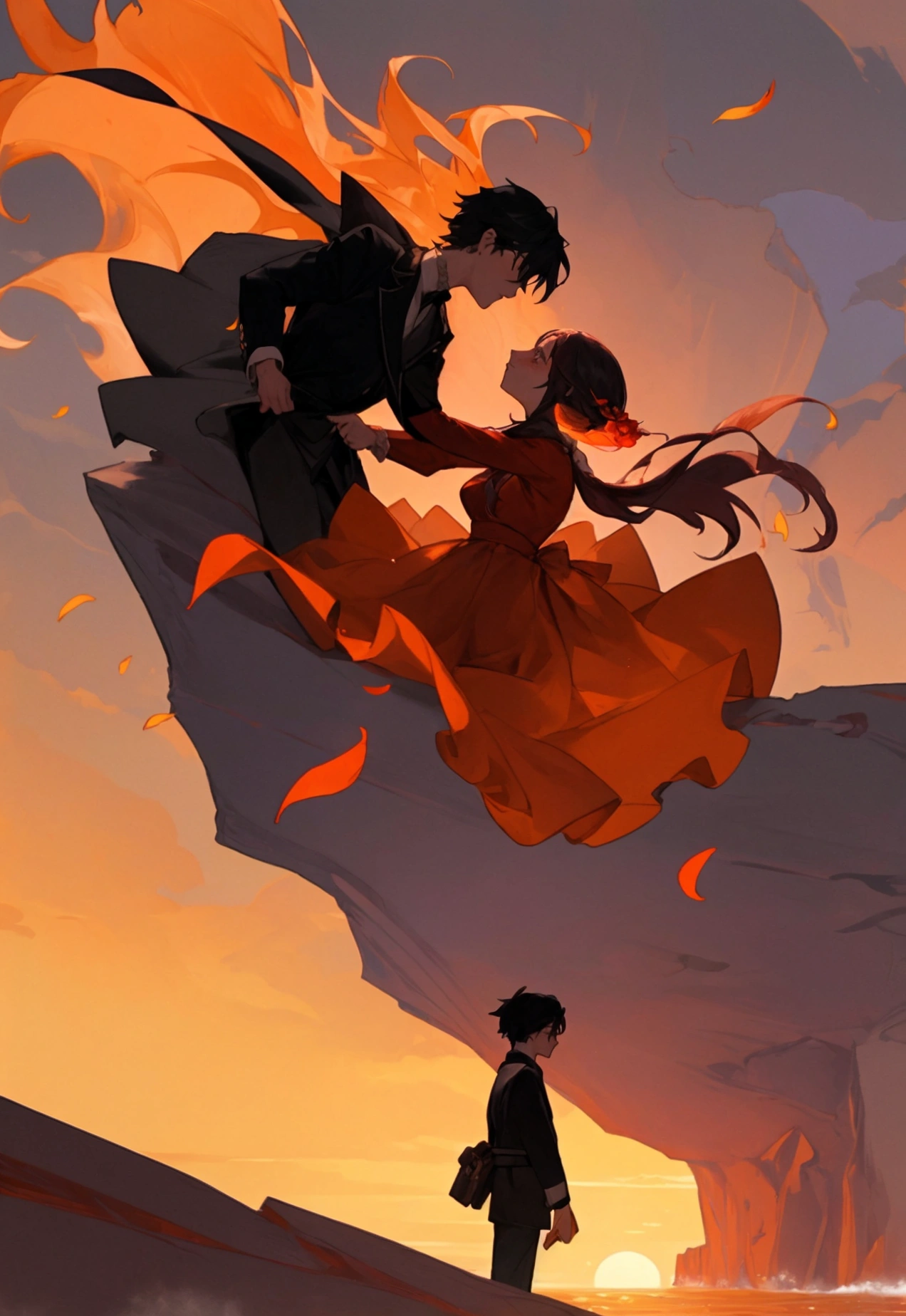 A young romantic couple standing at the edge of a picturesque cliff, their silhouettes stark against the vibrant hues of a setting sun. The scene is rife with symbolism as they face away from each other, their outstretched arms reaching in opposite directions, almost touching but not quite. The woman, with her hair billowing in the wind, clutches a bouquet of red roses that have begun to lose their petals, each one fluttering away like moments of lost love. The man holds a single rose, its stem bent and bruised, mirroring the state of their relationship. The cliff's edge divides them visually, representing the insurmountable chasm their selfishness has created. The vast ocean behind them is a tumult of emotions, waves crashing as a metaphor for their tumultuous love affair. The dramatic sky, a blend of fiery oranges and deep purples, underscores the intensity of the moment. Their expressions are a poignant mix of regret and resignation, as they realize the price of their self-centeredness is the separation they now face. The image captures the essence of a love that could not withstand the weight of their own desires, leaving a bittersweet reminder of what once was and what could have been.