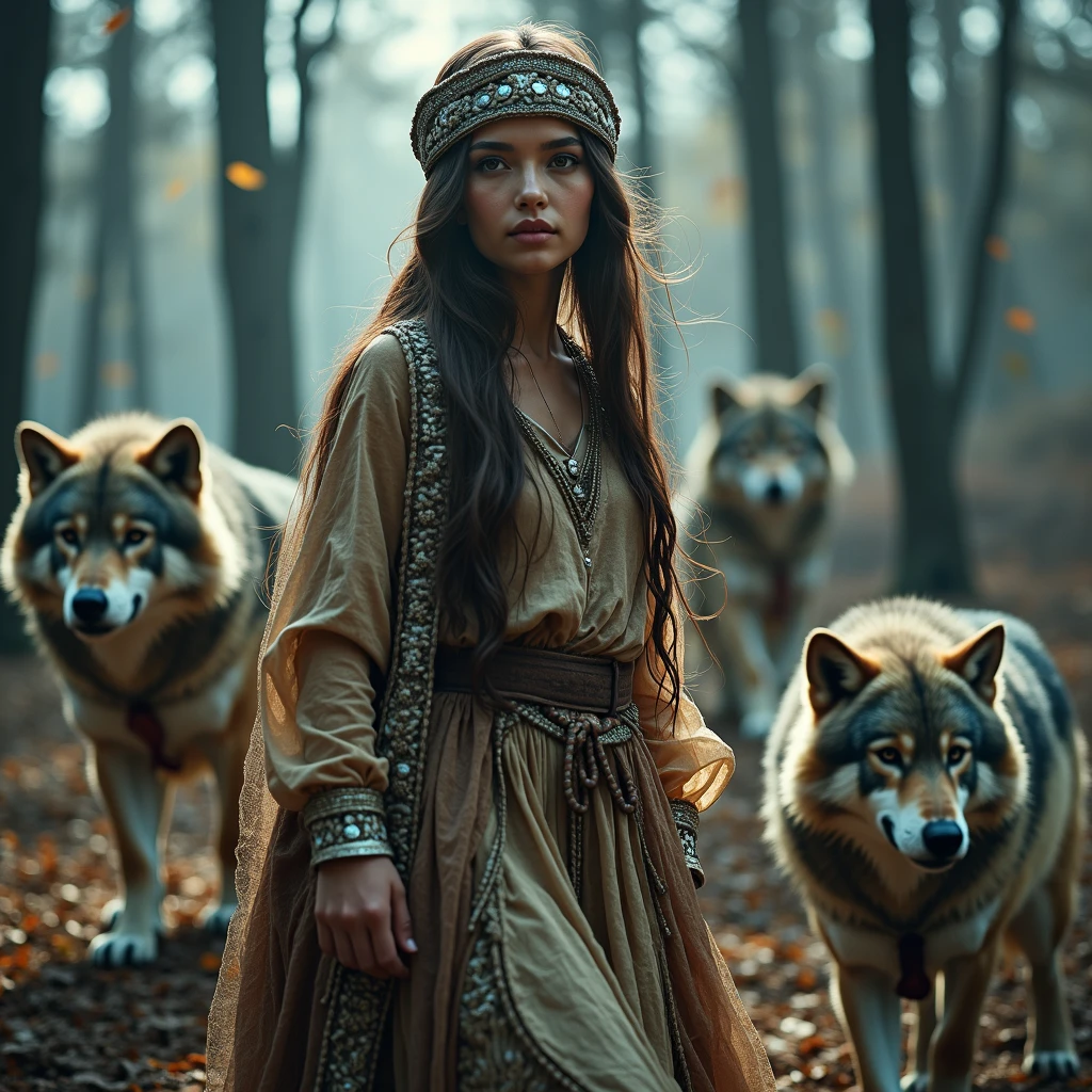 Young woman, forest wolves, auction, idyllic, magic scene, Beautiful room , (Best quality, 4K, 8 K, a high resolution, masterpiece:1.2), Ultra detailed, (realist, photorealist, photo-realist:1.37), warm lighting, bright colors, soft focus, fairy tale, dreamer, cosy, amazing, Beautiful, capricious, exquisite, charming, serene, peaceful, innocent, comforting, creative