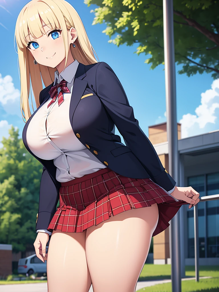 sexy woman, huge breasts, large breasts, curvy, voluptuous, blonde hair (straight bangs), sky-blue eyes, long hair, high school uniform, plaid skirt, earrings, smile, standing, solo focus, high school, outdoors