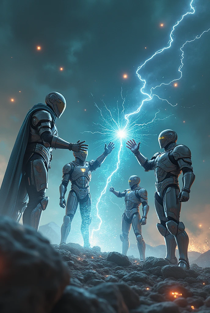 "Depict Electron assisting Chlorine (Cl) in capturing an electron. Chlorine, in a metallic, futuristic armor similar to a knight's, is initially sparking with energy. As it captures the electron, Chlorine's armor starts to glow softly, indicating stability. Electron, in his sleek, speedster-like suit, is in motion, his hands extended towards Chlorine, guiding the process. Neutron, in a balanced and solid armor, observes calmly from the side, while Proton, in his shining knight-like armor, stands with an approving nod. The background is filled with energy trails and sparks, reflecting the dynamic and powerful bonding process. The atmosphere is intense, with dark skies and occasional bursts of light, emphasizing the dramatic nature of the scene."