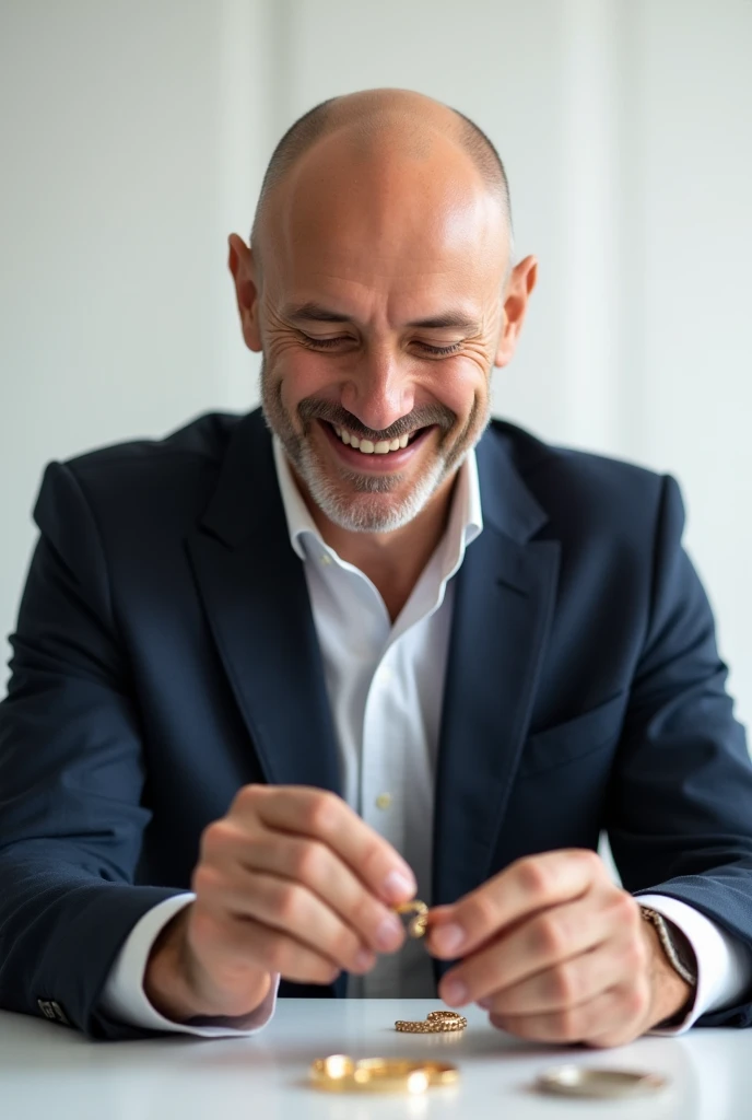 A bald and happy man, wearing a suit and making jewelry with his hand in a white environment
