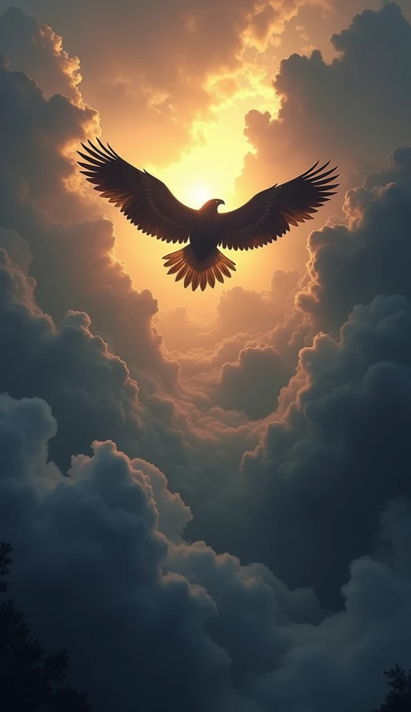 Ultrarealistic 8k Image, "A mighty eagle soaring above a storm, their wings spread against the dark clouds, while the sun shines in the distance. The image represents overcoming and vision beyond obstacles."