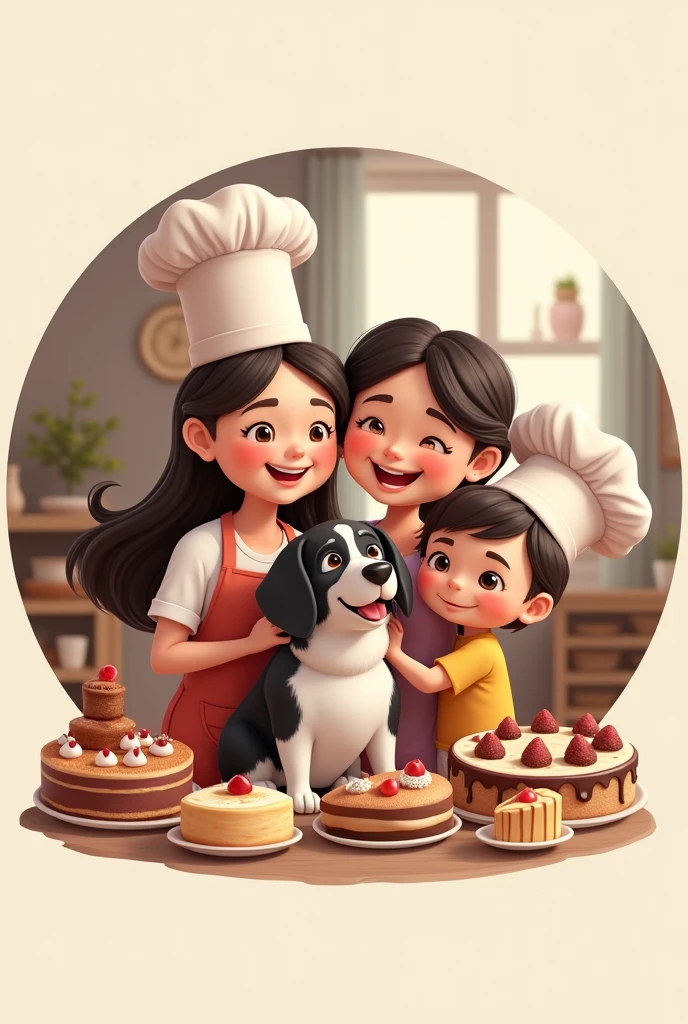 create a circular animated instagram logo of mom with her daughter and son and black headed dog with white body, all wearing chef's hats and surrounded by cakes