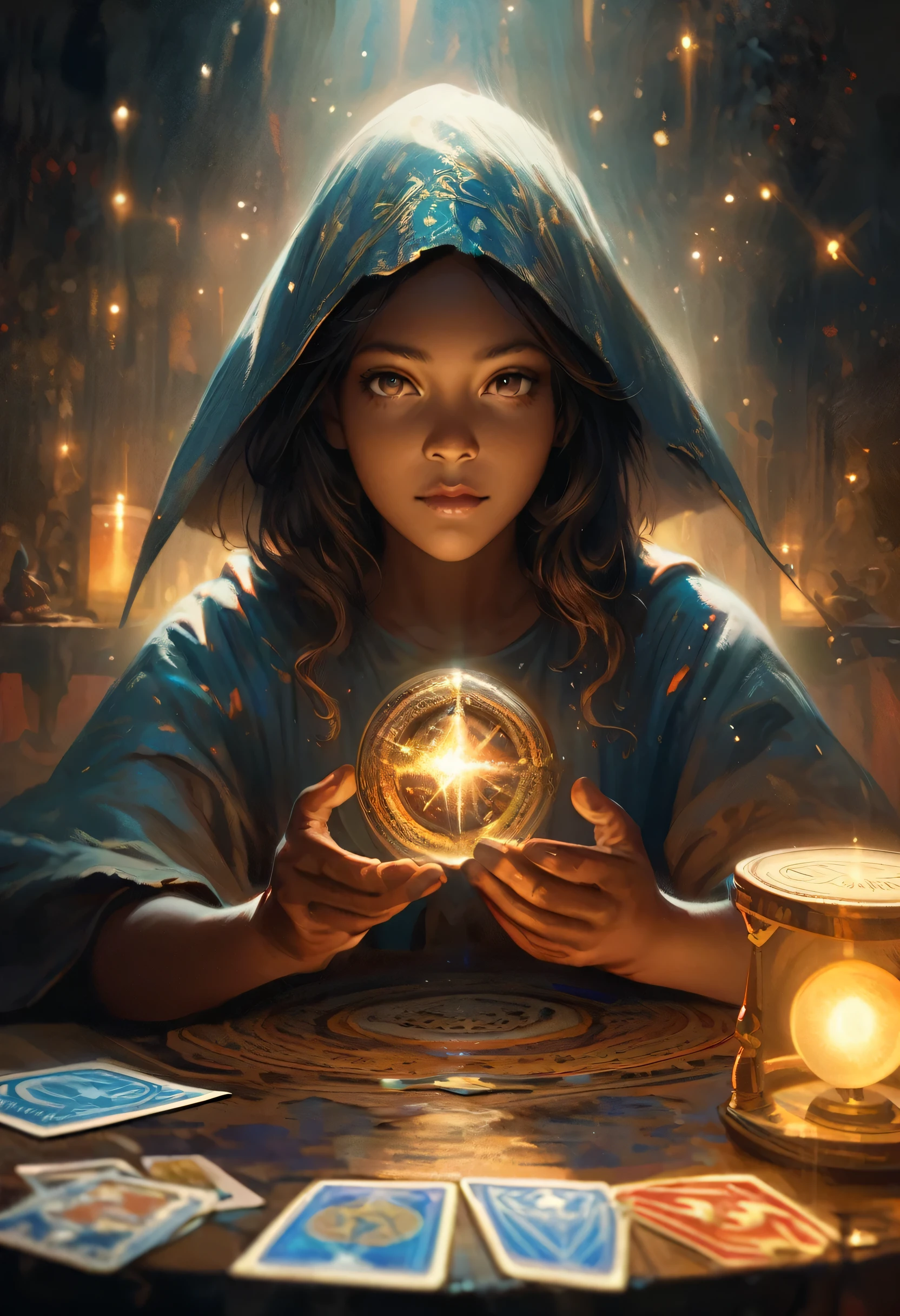Impressionist paintings, Realistic, One person, fortune teller, Tarot cards on the table, View your viewers, Dark Skin, Mysterious, Magic, Shine, Shineing, dark Magic lighting, Sulky, Cinematic, Shine, Sparkling, darkness