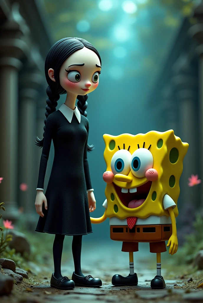 Wednesday addams with spongebob squarepants
Wednesday usually wears a black dress with a white collar, black stockings, and black shoes ..black hair in braids...
Spongebob usually wears axwhite collared shirt, brown shorts, and a red tie..