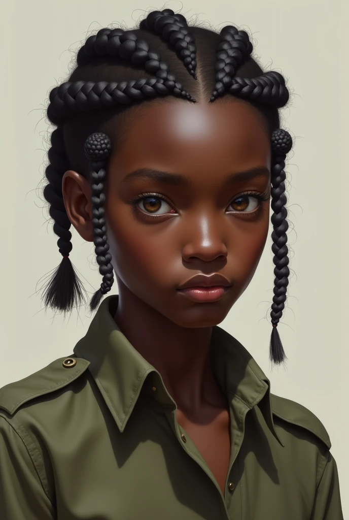 
Create a dark-skinned young man, with dark skin and looks nice. He is thin and wears a military shirt.. Her hair is braided.. Her eyes are hazel in color. (Make it look realistic) 