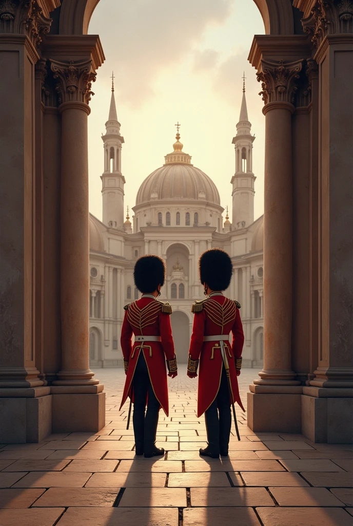 Create an image with two guards of the king's palace facing forward in the year 1788