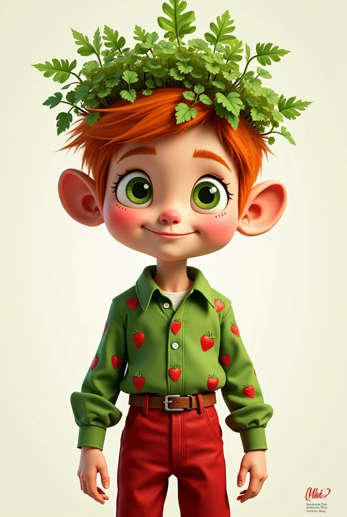 Chico, with ginger-colored hair, light green almond-shaped eyes, green shirt with strawberries, Red pants, a plant on the head
