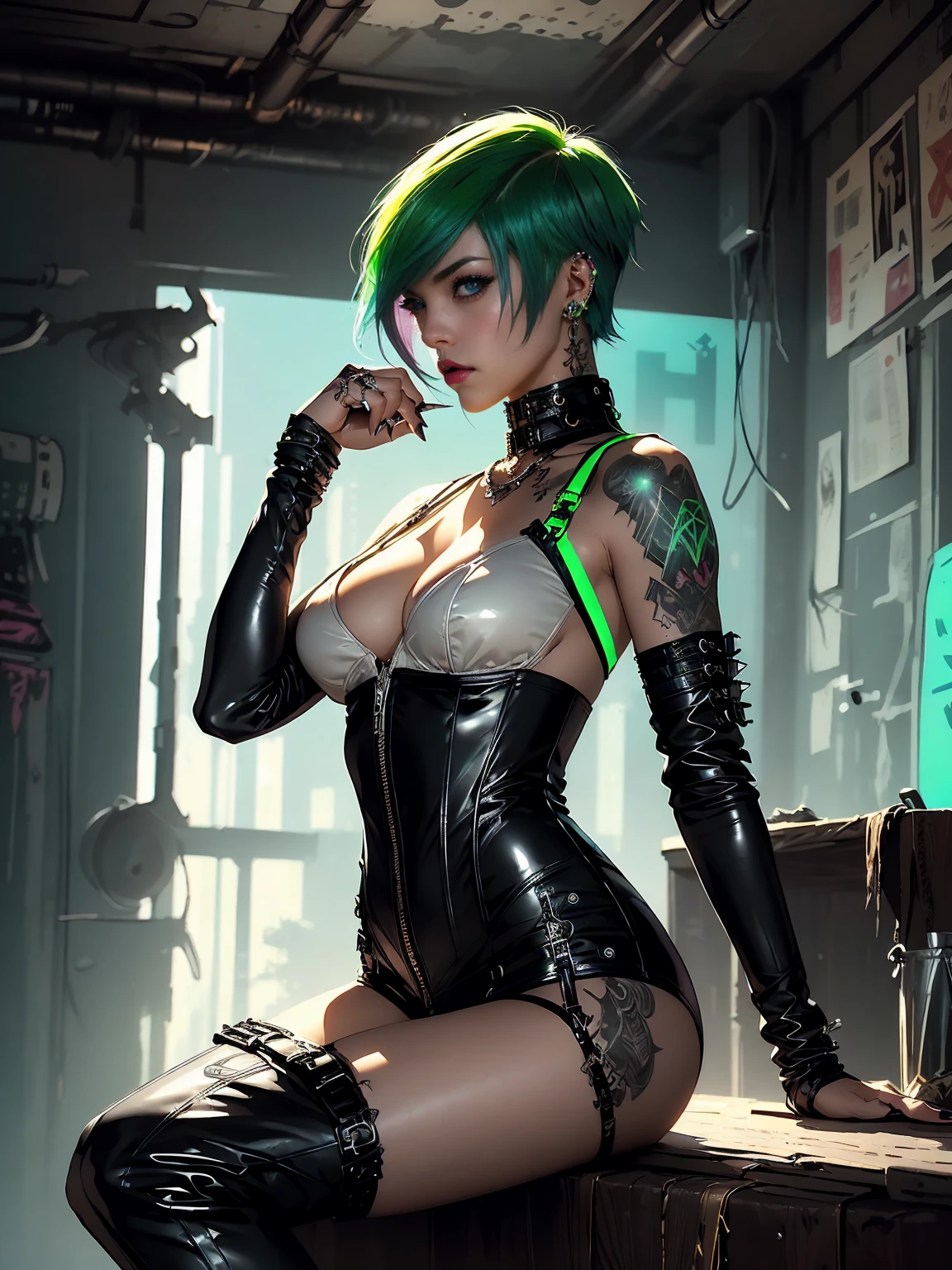 (((of the highest quality: 1.4))),(unparalleled masterpiece ever), (Ultra high definition),(Ultra-realistic 8K CG, camera view from behind), offcial art、 (((adult nude body, accentuated super huge enormously gigantic , cleavage showing, leather corset lace panties and thigh high boots with lots of straps buckles and zippers))), (((1girl in))), ((( Bob Shorthair ))), Punk girl with a perfect body,Beautiful and well-groomed face,Fancy makeup, (Image from head to thigh),((neon green Bob Shorthair )), Simon Bisley's urban savage style luxurious bedroom,Detailed background of luxurious bedroom,Clean abs, Complex graphics, dark pink with white stars and gray and white stripeany poisonous tattoos )), piercings. cyberpunk girl seductive pose leds ass light and shadow, ultra-realistic, 16K. 3D style, , Octane render, ray tracing, depth of field, super detail
sitting on a chair in a cyberpunk room in a very sexy futuristic outfit with outstretched legs