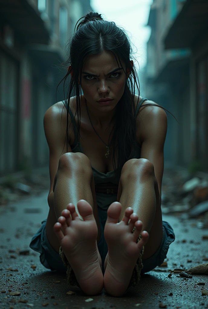 Woman tied with her hands behind her back, with angry face, sitting on a street, showing the soles of her feet