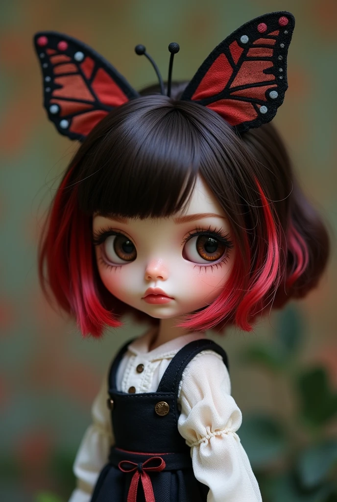 Una blythe doll, White skin, Dark brown eyes, a little shady, The hair is short, approximately shoulder-length, with a butterfly cut., It has red in front and below, Above is dark brown, has slightly thin lips, with slightly small and circular eyes and with eyeliner