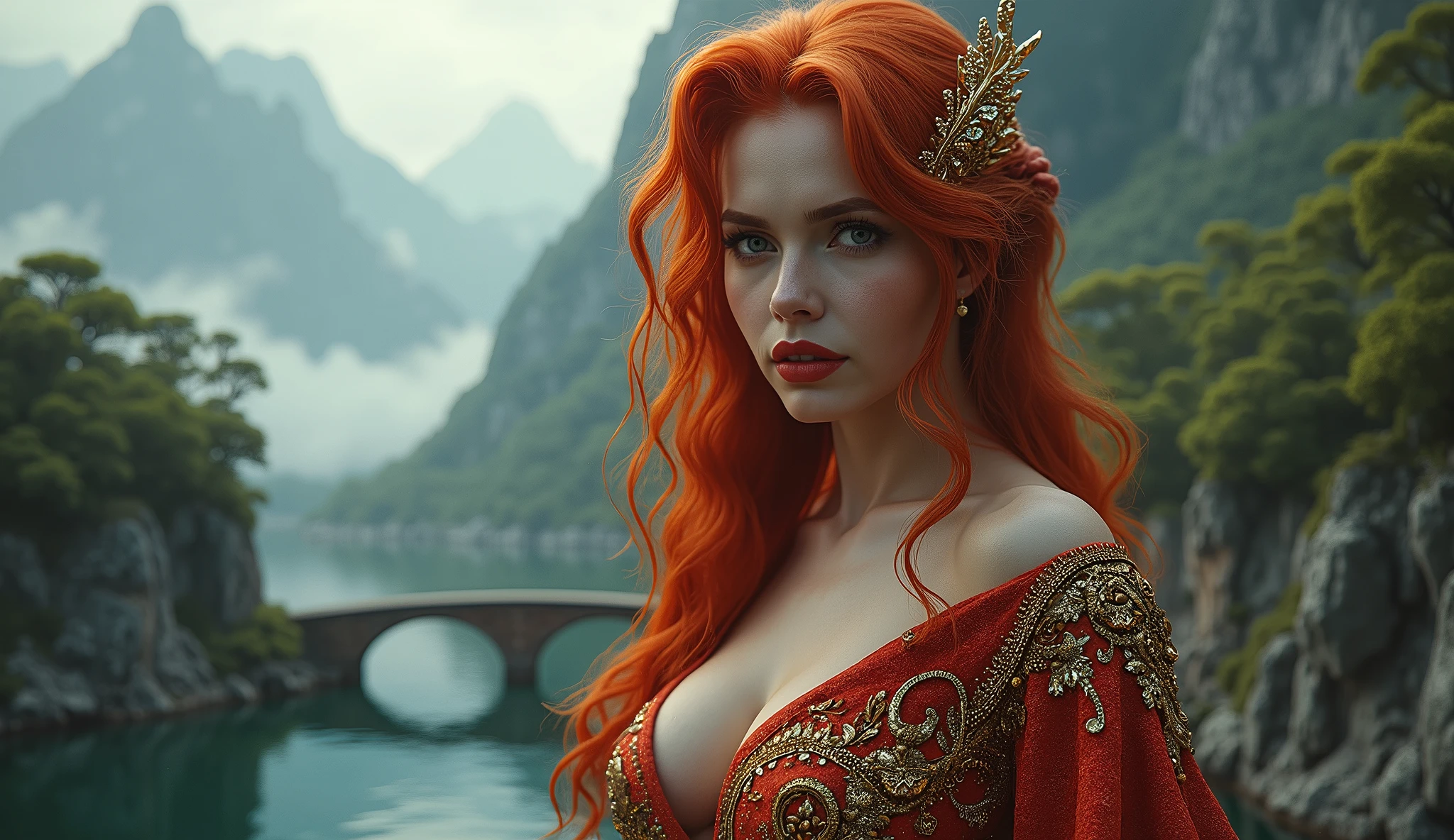A cinematic, 超detailded, and photorealistic 3D rendering of a fantasy setting. A sensual woman with red hair and vibrant eyes and lips is the main focus. She is wearing intricate clothes, detailed outfit with gold and red tones. The background reveals dramatic lighting with mountains, Trees, and a bridge. The overall image has vibrant colors and is a masterpiece.