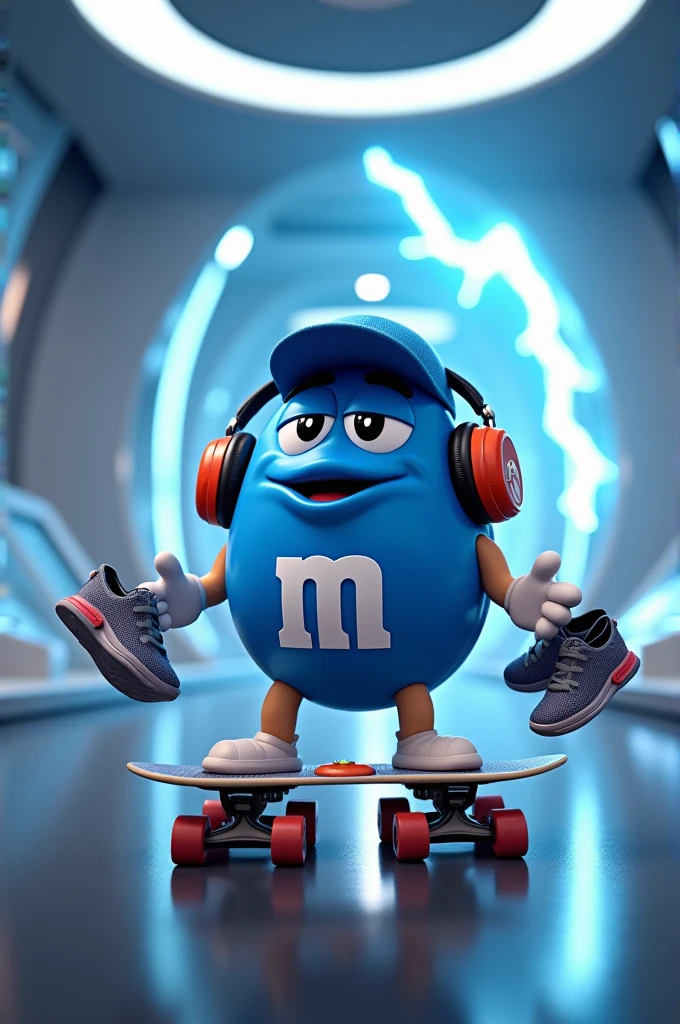 Create an image of an M&M style doll
Blue, with a cap, with shoes and gloves in hand, and a skateboard, wearing headphones, in a futuristic environment and a lightning bolt falling