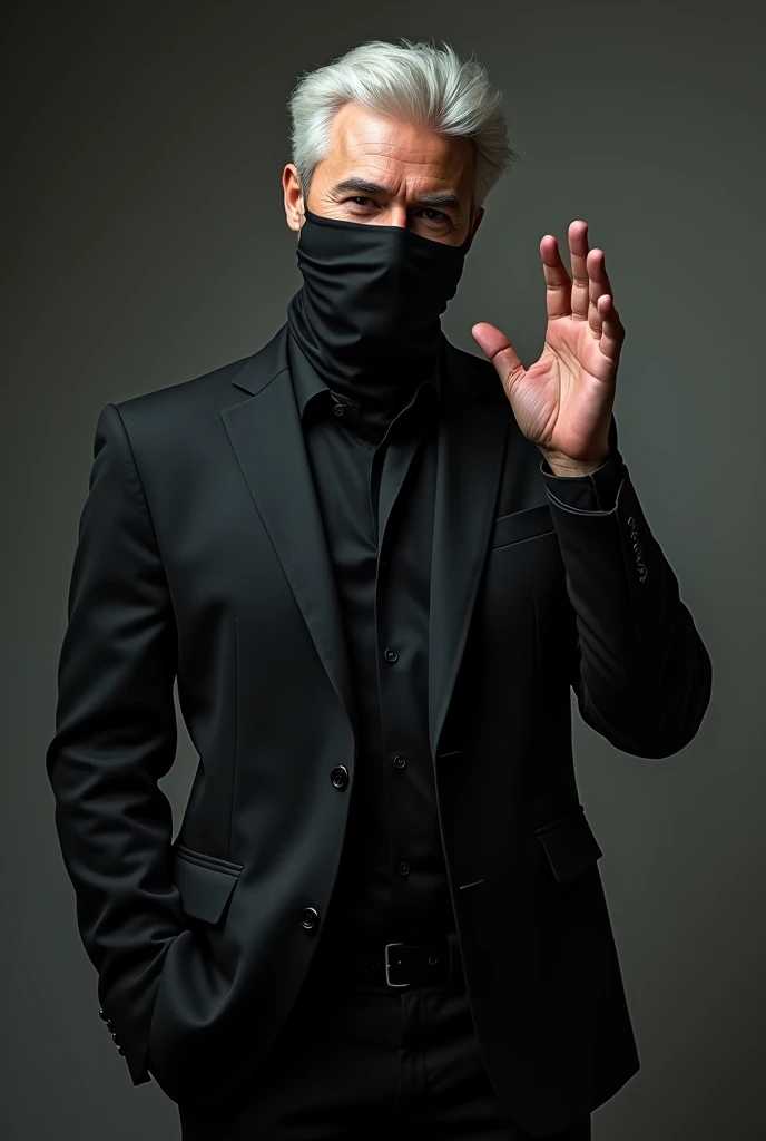 Create an image of a white haired man smiling and making cool gesture with his finger with a black cloth on his face 