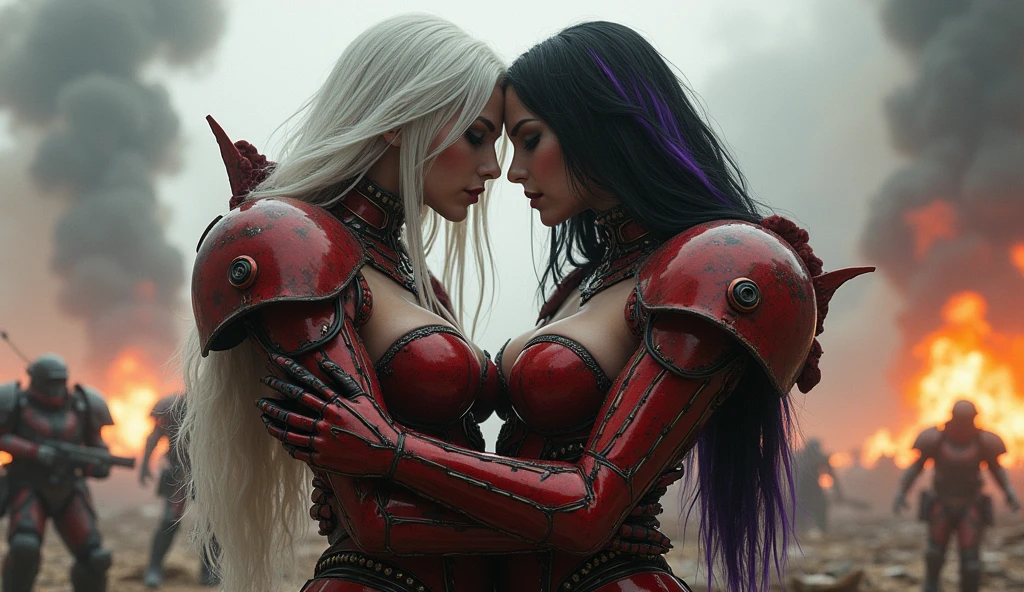 Full body pose sexy sisters of battle from the warhammer 40k, kissing and hugging, red space marine armor with intricate details, white space marine armor with intricate details, symbols on the armor, sisters of battle, warhammer 40k, Massive exposed silicone breast, pale skin, seductive, temptation, eat your soul, clevage, long white flowing hair, long black flowing hair with purple highlights, heavy gothic makeup, at night, neon, beautiful detailed eyes, beautiful detailed lips, extremely detailed eyes and face, long eyelashes, highly detailed space marine armor, intricate futuristic laser weaponry, dramatic lighting, cinematic composition, muted color palette, gritty and realistic, mecha, science fiction, hyper-detailed, photorealistic, award winning digital art, 8k, HDR, masters work, in the middle of a battle field, explosions and fire around, full war, stunning, Stilleto heels, high heels, full body pose, cinematic, movie trailer, nemesis, dust and debree, fanatic, religious, sisters of battle, warhammer 40k, bimbo gigantic exposed breast, kissing, stilleto heels, cinematic light, cameltoe pussy, beautiful pussy, wet pussy, wet body, oiled body, gigantic breast, dynamic super sexy dynamic pose, sisters of battle from the warhammer 40K, passionate kissing, seductive, one night stand, working as whores, award winning photo, worthy of oscars scene