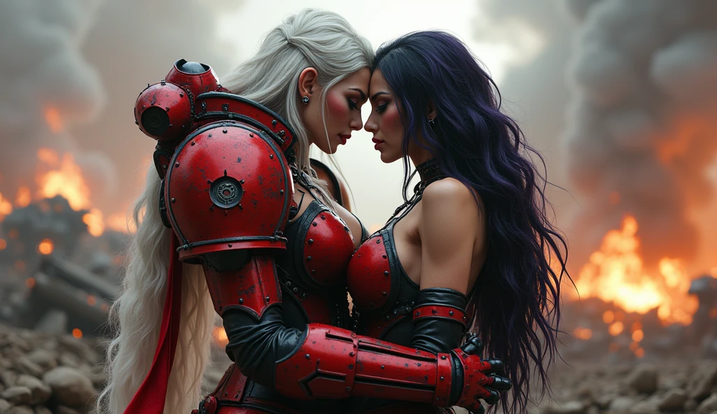 Full body pose sexy sisters of battle from the warhammer 40k, kissing and hugging, red space marine armor with intricate details, white space marine armor with intricate details, symbols on the armor, sisters of battle, warhammer 40k, Massive exposed silicone breast, pale skin, seductive, temptation, eat your soul, clevage, long white flowing hair, long black flowing hair with purple highlights, heavy gothic makeup, at night, neon, beautiful detailed eyes, beautiful detailed lips, extremely detailed eyes and face, long eyelashes, highly detailed space marine armor, intricate futuristic laser weaponry, dramatic lighting, cinematic composition, muted color palette, gritty and realistic, mecha, science fiction, hyper-detailed, photorealistic, award winning digital art, 8k, HDR, masters work, in the middle of a battle field, explosions and fire around, full war, stunning, Stilleto heels, high heels, full body pose, cinematic, movie trailer, nemesis, dust and debree, fanatic, religious, sisters of battle, warhammer 40k, bimbo gigantic exposed breast, kissing, stilleto heels, cinematic light, cameltoe pussy, beautiful pussy, wet pussy, wet body, oiled body, gigantic breast, dynamic super sexy dynamic pose, sisters of battle from the warhammer 40K, passionate kissing, seductive, one night stand, working as whores, award winning photo, worthy of oscars scene