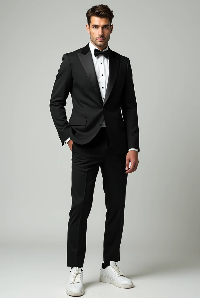 Take a photo of a man wearing the following outfit: jacket with tuxedo, black pants and white air force 1 shoes