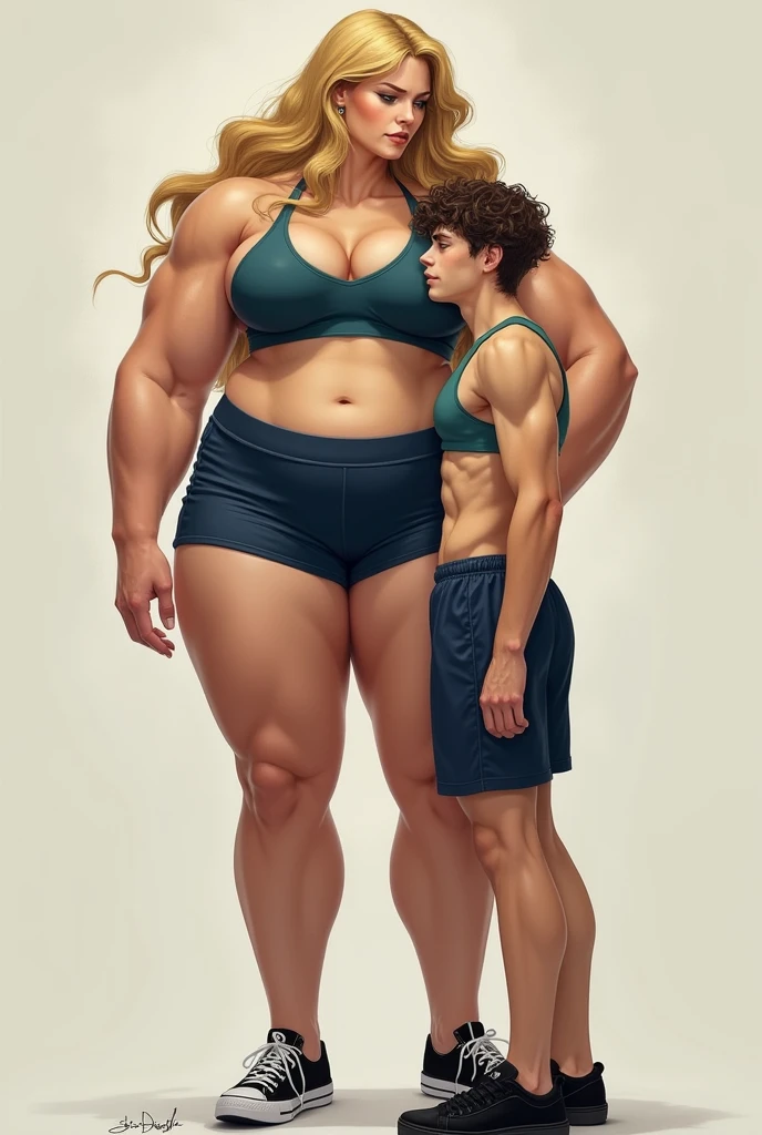 a 17'11 tall 2 girl with blonde wavy long hair, e cup breasts, moderately thicc thighs, & very muscular with a 6 pack. wearing a navy blue crop top vest, seaweed green sports bra, navy blue gym shorts, & black sneakers. holding a flustered 5'9 tall 2 boy with pale skin, Hazel eyes, short curly brown hair. wearing emo clothes close to her
