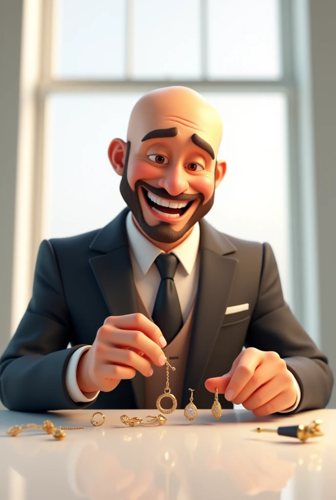 Animated 3D image of a happy bald man, wearing a suit and making jewelry with his hand in a white environment