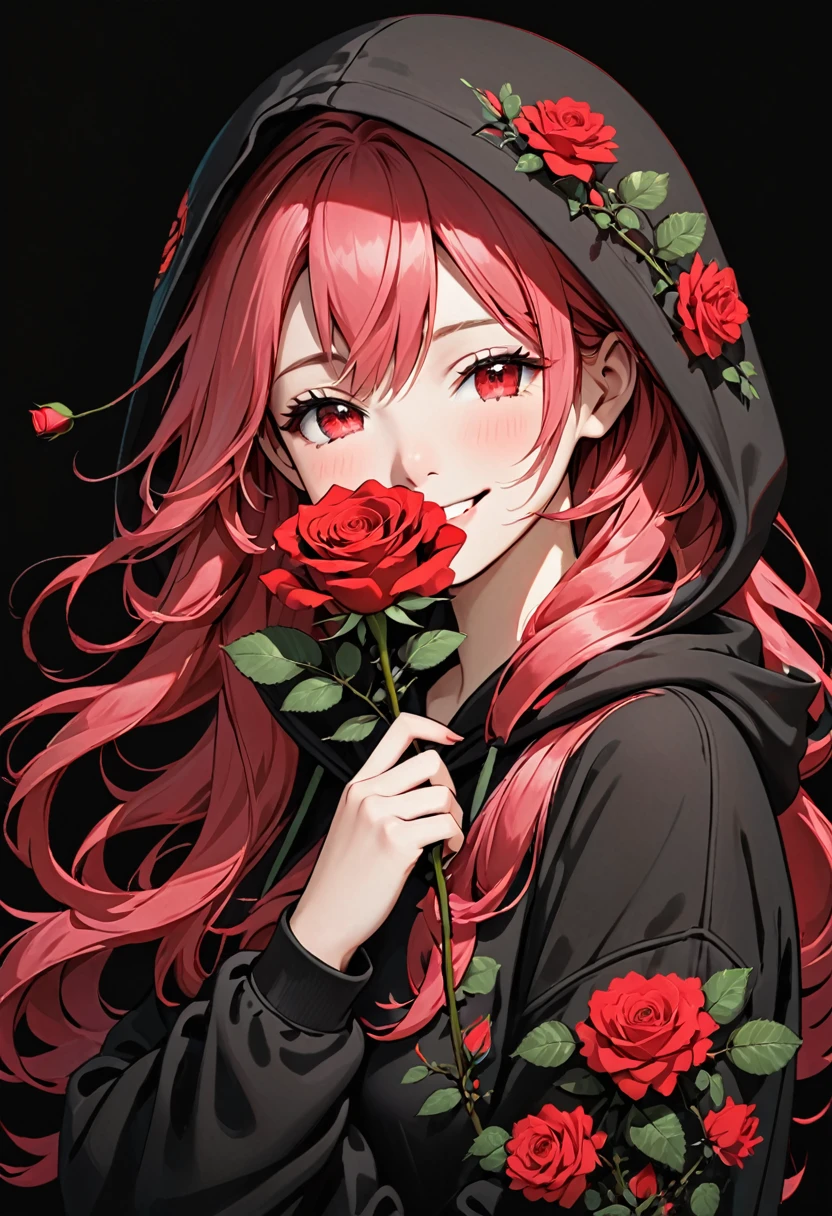 girl with Black  hoodie holding a red rose with beautiful eyes and face, 1girl, solo, hood, flower, holding flower, pink hair, rose, one eye closed, looking at viewer, black background, holding, long hair, hoodie, simple background, upper body, long sleeves, smile, red eyes, red flower