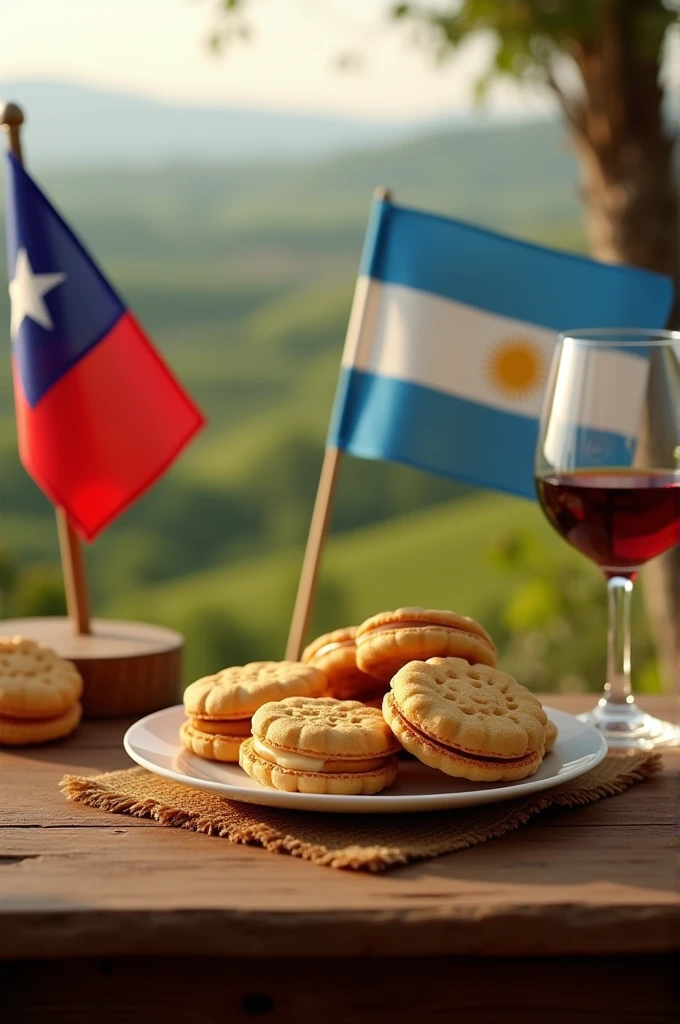 An image that combines alfajores, arranged on a traditional wooden table, with some regional elements such as a Chilean flag and an Argentine flag with a landscape of vineyards and a glass of wine