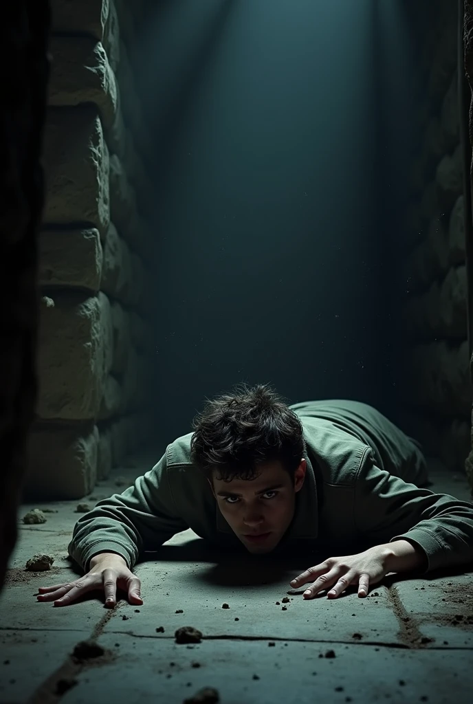 Young man (waking up scared) on the floor of a room with stone walls