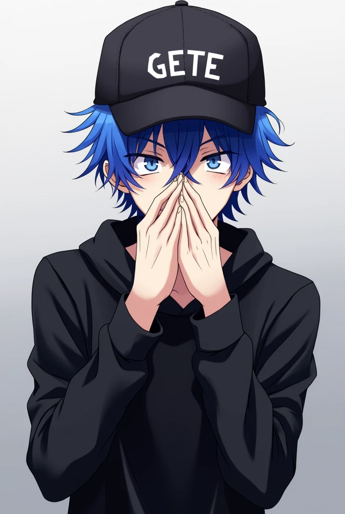 Create a male anime style character with blue hair wearing a cap with the writing GETE and wearing black clothes with his hands over his mouth laughing