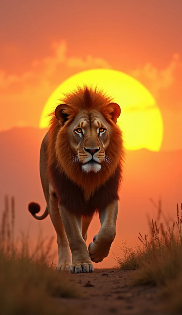 Ultrarealistic 8k Image, "A majestic lion walking towards the sunrise, with his fixed and confident gaze. The golden light of dawn reflects on his mane, highlighting their courage and unwavering strength."