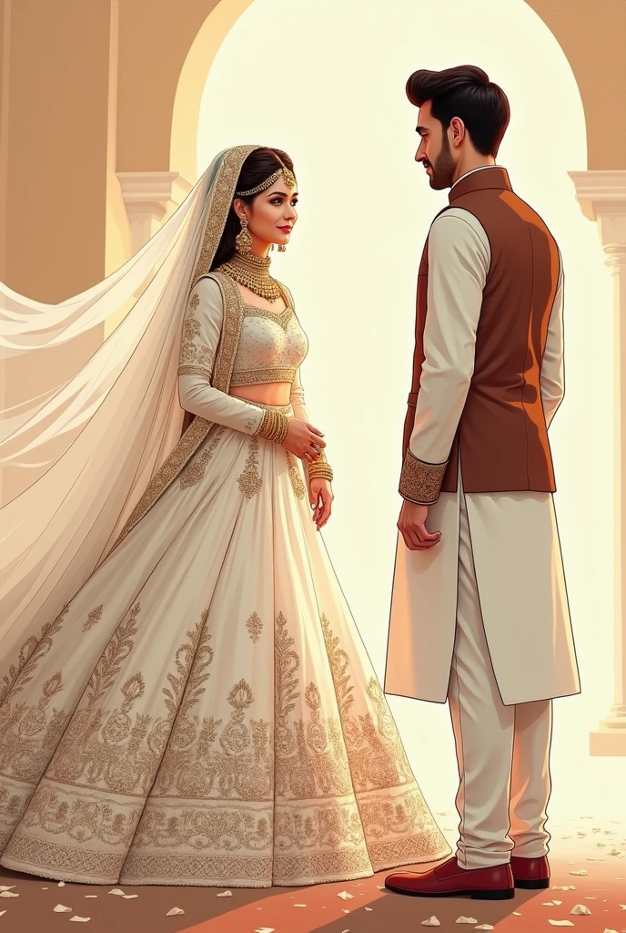 Pakistani Bride in white lehnga duppata and heavy jewellry and groom in white shalwar kameez waistcoat. Bride twilling in front of groom illustration bride and groom faces without features illustration of back of bride and groom

