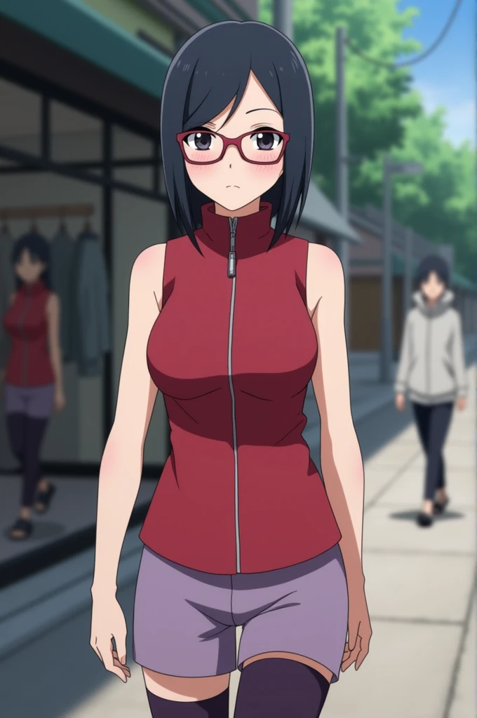Sarada, a female character in the Boruto anime, is walking and sees a clothing store (Sarada is depicted as a character who has black irises, short neck-length hair with a side-parted hairstyle and bangs that are set aside, wearing rectangular red glasses, wearing a Konoha village symbol headband, wearing a red outfit with a collar that covers the neck and a zipper in the middle of her shirt from top to bottom that are sleeveless, wearing lilac shorts above the knee, with dark purple stockings to the knees, and wearing black ninja shoes)
