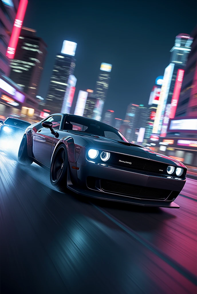 Desenhe uma bmw m3 gtr do Need For Speed Most Wanted, that half gray one with white stripes racing with a black Volkswagen Beetle that is in front, O anbiente é palmont city de Need for Speed carbon de noite, Make the low-poly drawing