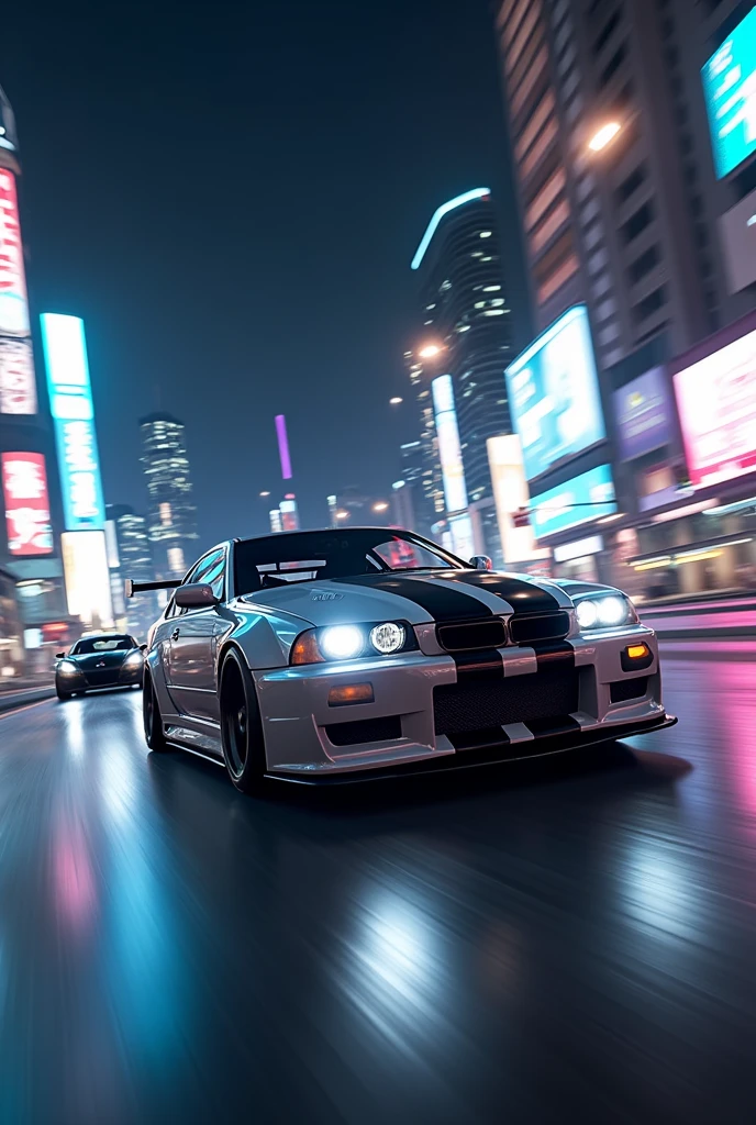 Desenhe uma bmw m3 gtr do Need For Speed Most Wanted, that half gray one with white stripes racing with a black Volkswagen Beetle that is in front, O anbiente é palmont city de Need for Speed carbon de noite, Make the low-poly drawing