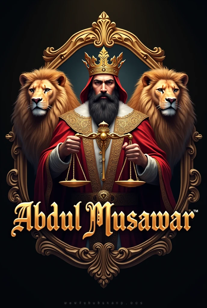 mujhy ek logo chahiye jis mein ek admi ho Jo King hai us ke hath mein ek tarazi honi chahiye or us ke dono taraf sher hone chahiye or us ki tarazi ke sath sath mera naam bhi likha hona chahiye mera naam hai (Abdul Musawar) full realistic