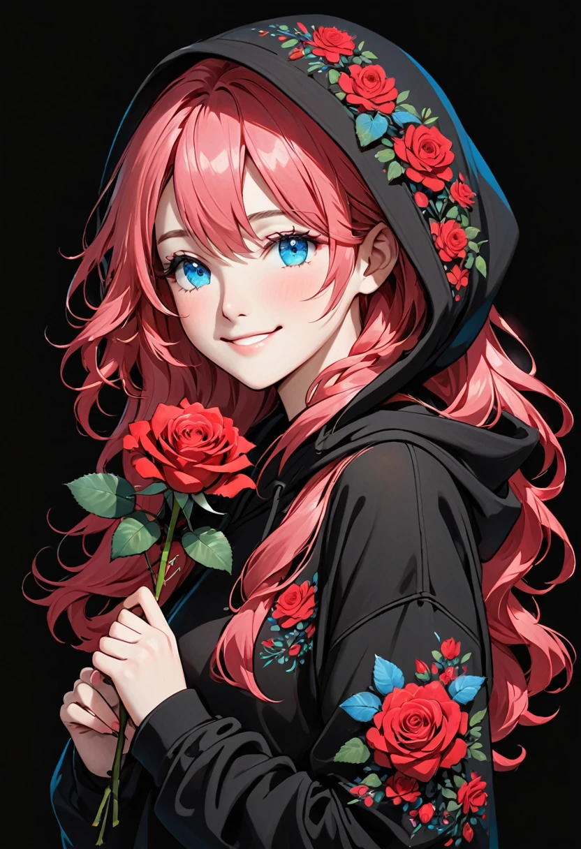 girl with Black hoodie holding a red rose with beautiful eyes and face, 1girl, solo, hood, flower, holding flower, pink hair, rose, one eye closed, looking at viewer, black background, holding, long hair, hoodie, simple background, upper body, long sleeves, smile, blue eyes, red flower
