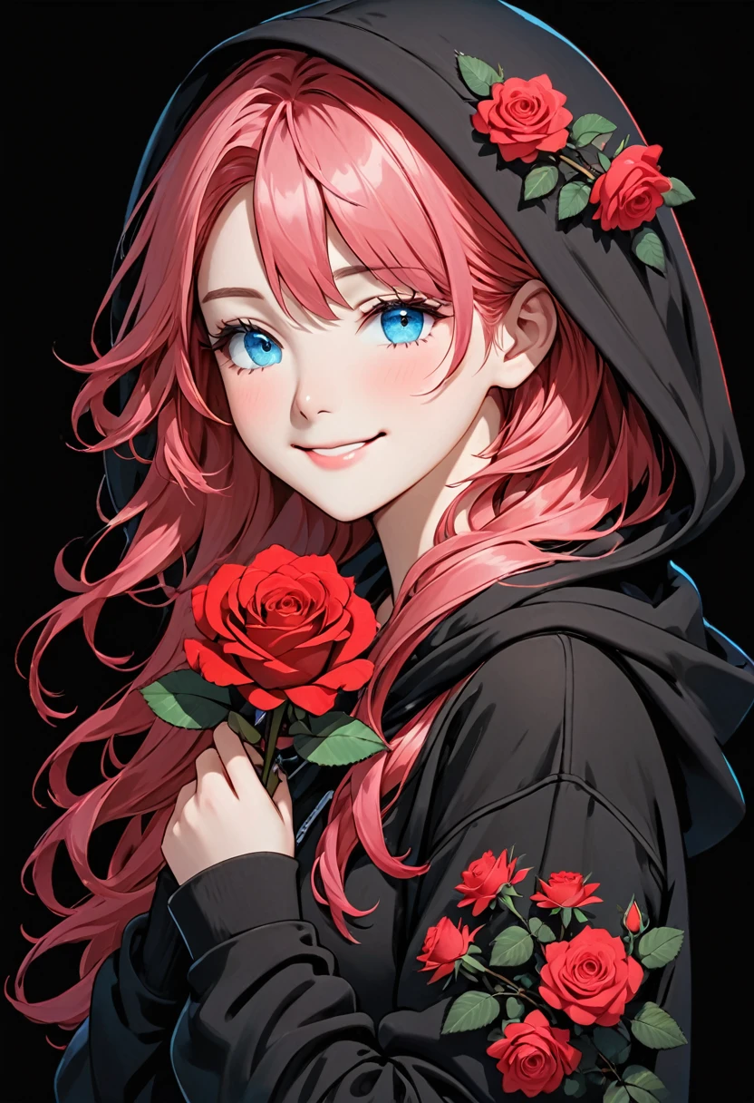 girl with Black hoodie holding a red rose with beautiful eyes and face, 1girl, solo, hood, flower, holding flower, pink hair, rose, one eye closed, looking at viewer, black background, holding, long hair, hoodie, simple background, upper body, long sleeves, smile, blue eyes, red flower