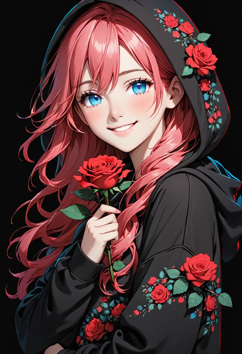 girl with Black hoodie holding a red rose with beautiful eyes and face, 1girl, solo, hood, flower, holding flower, pink hair, rose, one eye closed, looking at viewer, black background, holding, long hair, hoodie, simple background, upper body, long sleeves, smile, blue eyes, red flower