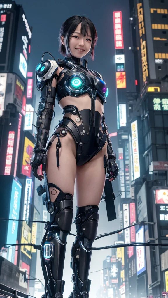 Highest quality、8ｋ、(((Very cute smile)))、、Characters with cyberpunk-style mechanized body parts stand out.. Transparent skin lets you see the circuits and cables, His eyes light up with colorful LEDs. Limbs are a mixture of flesh and metal, Equipped with advanced prosthetics and cybernetic interfaces. Wearing a black leather jacket, This figure is、Set in a dystopian city filled with collapsing skyscrapers。. The image depicts the fusion of man and machine in a cyberpunk future world..。 one person&#39;s、(((For more information)))、(((Nipples))),(((ジャケットの隙間からNipplesが露出))),(((Upper body naked)))