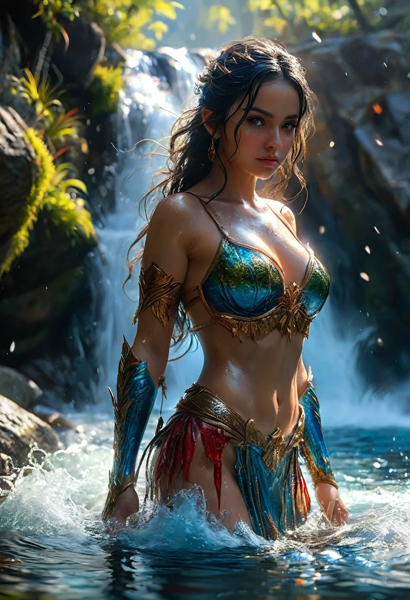 (((full body))), ,(((nude))), A fancy scene of a Mujer  guerrero standing back in water, , with the body covered in battle blood, with a waterfall in the background, comic style composition.

(Best Quality,4k,8k,High resolution,masterpiece:1.2),ultra detailed,(realist,photorealist,photo-realist:1.37),HdR,HD,studio lighting,Ultrafine paint,sharp focus,physically based rendering,extreme detailed description,professional,vivid colors,bokeh,fancy,half naked woman,guerrero, woman in the water, body covered in battle blood, waterfall,cowboy shot,comic style,detailed facial features,beautiful detailed eyes,beautiful detailed lips,extremely detailed eyes and face,long eyelashes,dynamic pose,water splash,fog,blue-green water,Rocky cliff,lush vegetation,dramatic lighting,vibrant colors