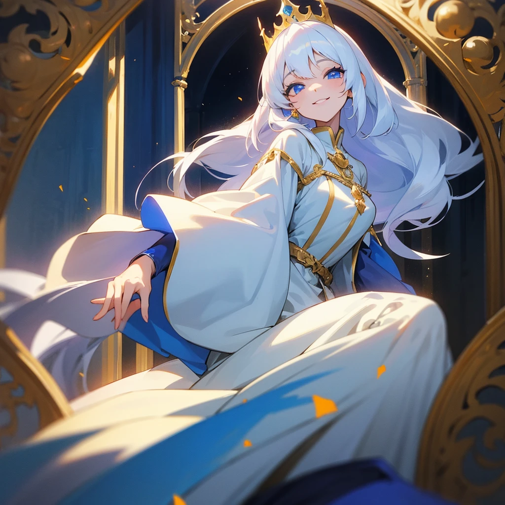White haired girl in princess anime style, long white hair, one eye is royal blue and the other eye is yellow like the sun, with a funny smile, and with a medieval princess dress